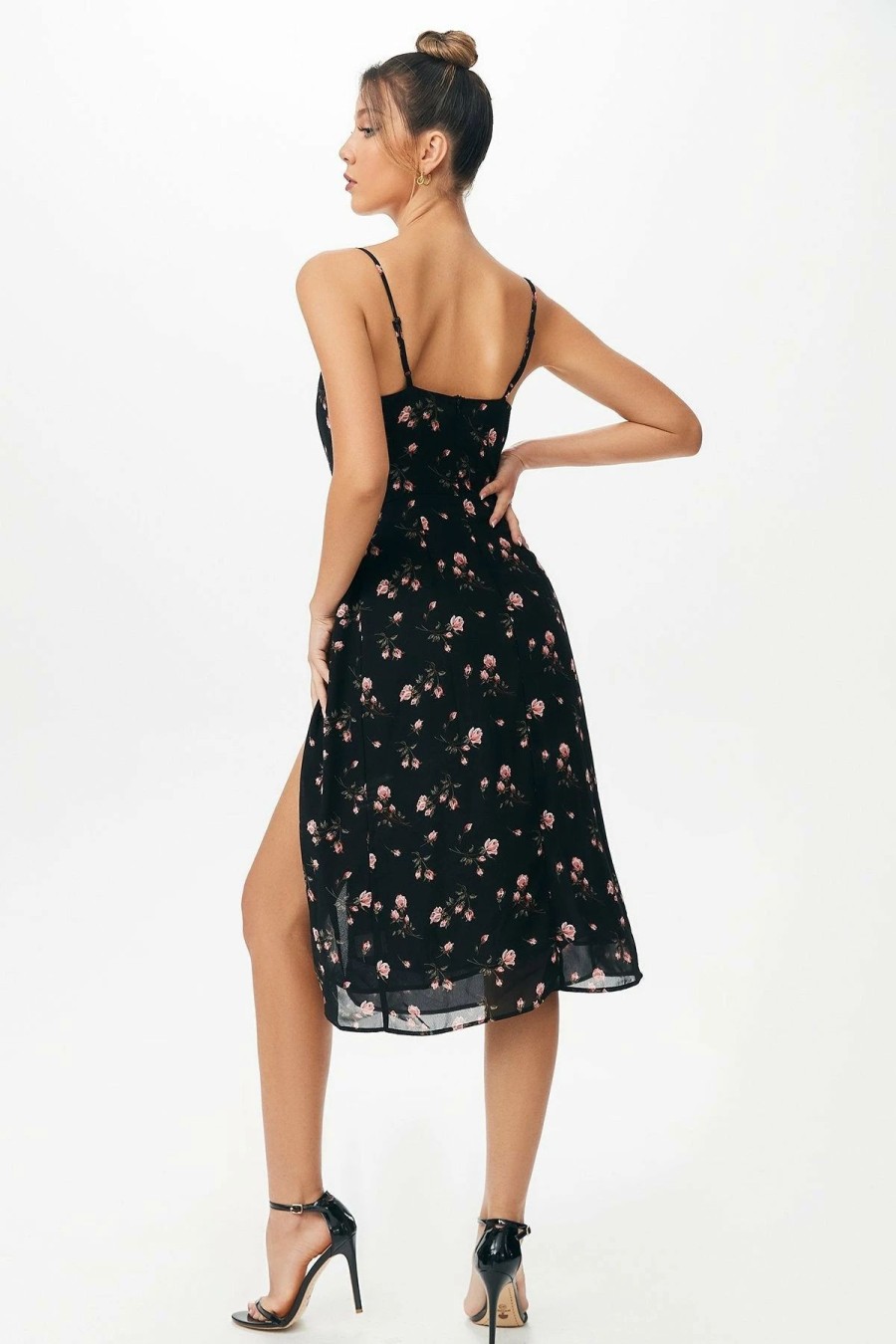 Best * Solado Floral Print Split Leg Cami Dress Black