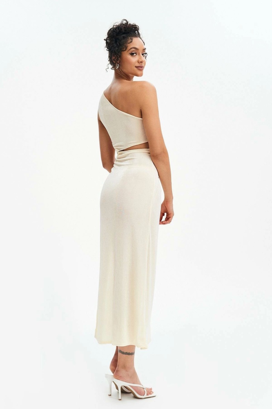 Online * Solado One Shoulder Cut Out High Slit Maxi Dress Beige