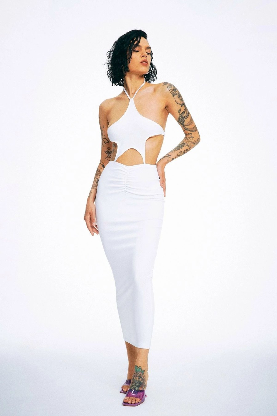 Hot * Solado Star Shape Halter Neck Backless Maxi Dress White