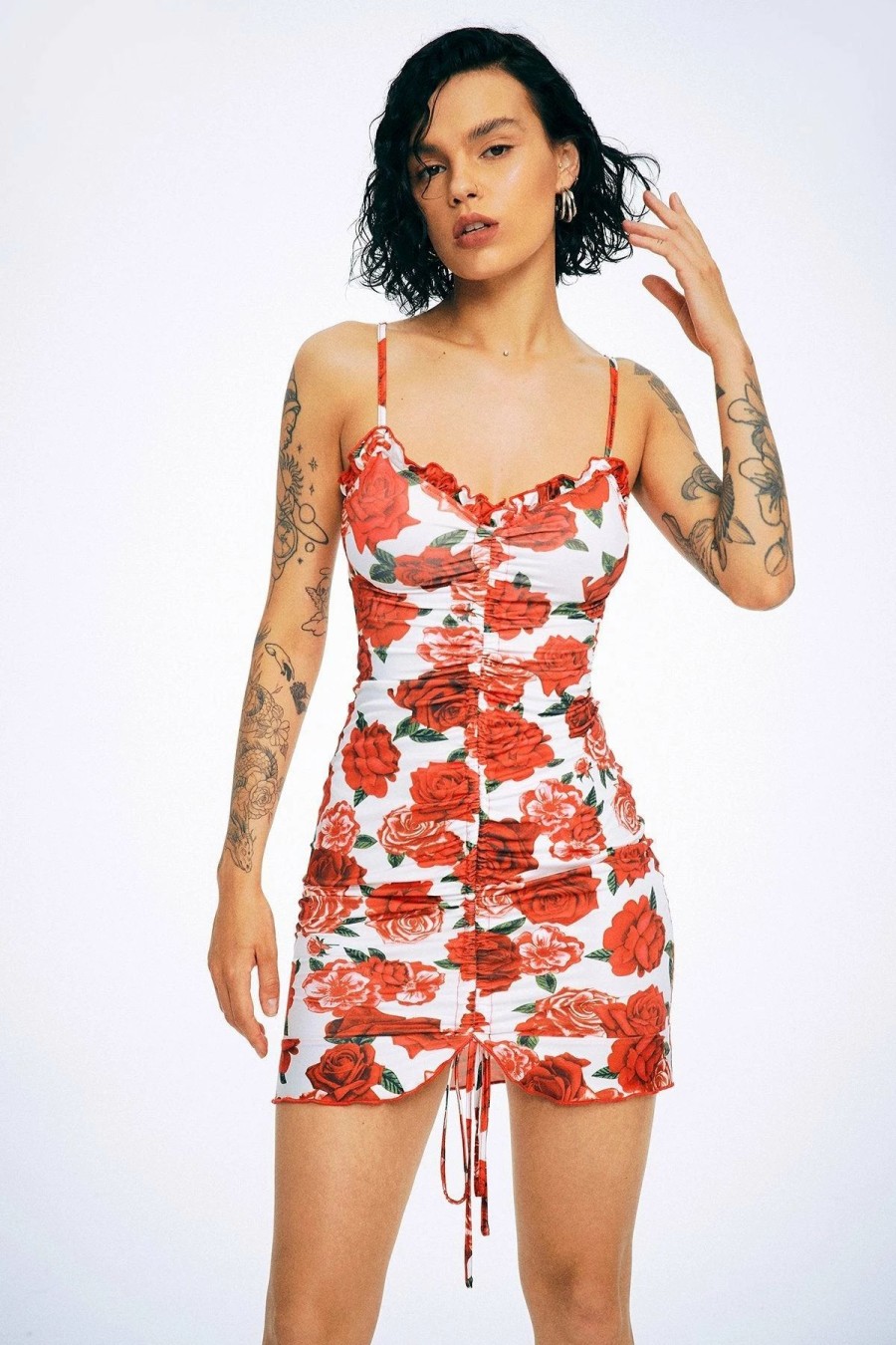 Hot * Solado Rose Print Drawstring Ruched Cami Dress Red