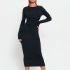 New * Solado Seam Detail Solid Long Sleeve Bodycon Midi Dress Black