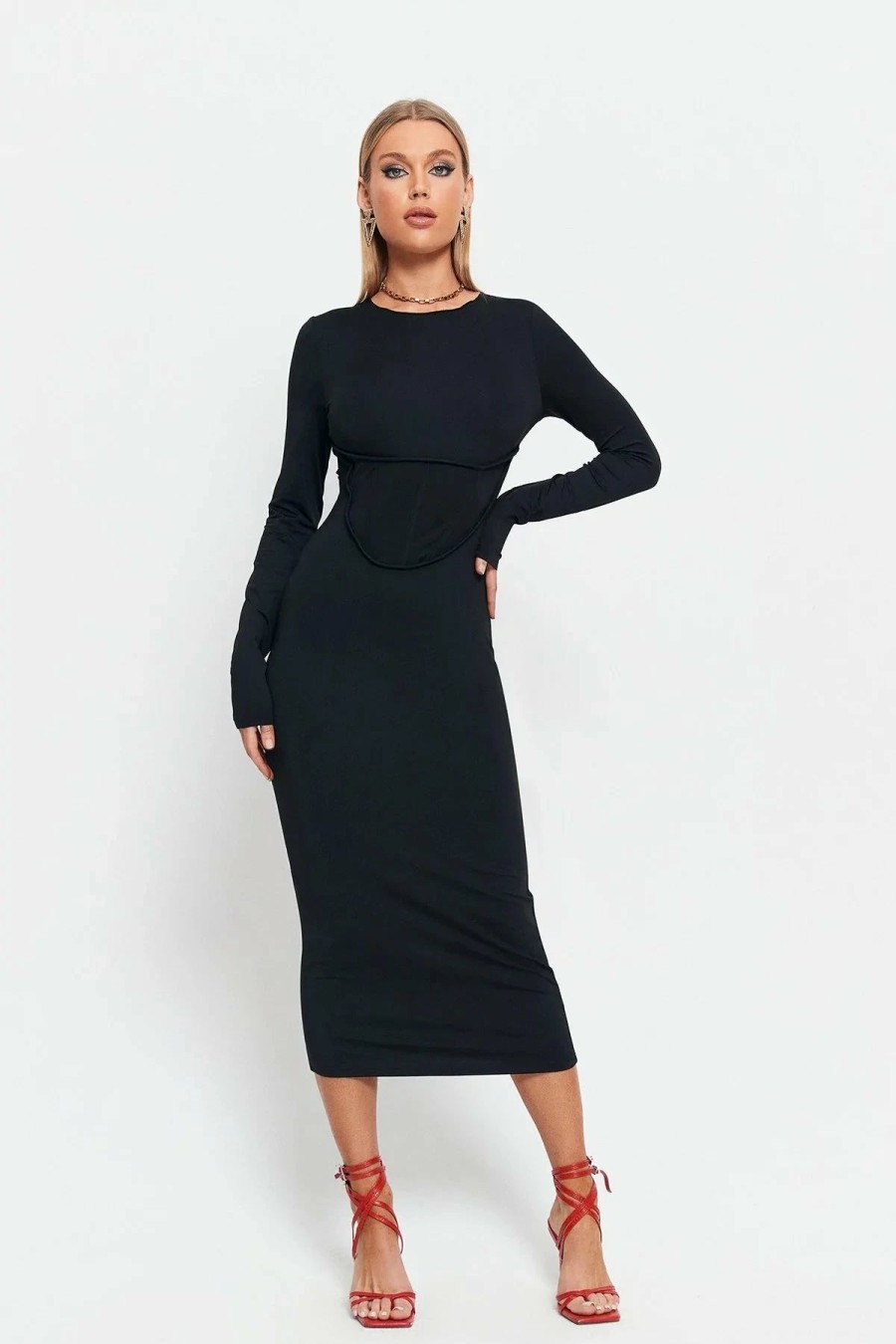 New * Solado Seam Detail Solid Long Sleeve Bodycon Midi Dress Black