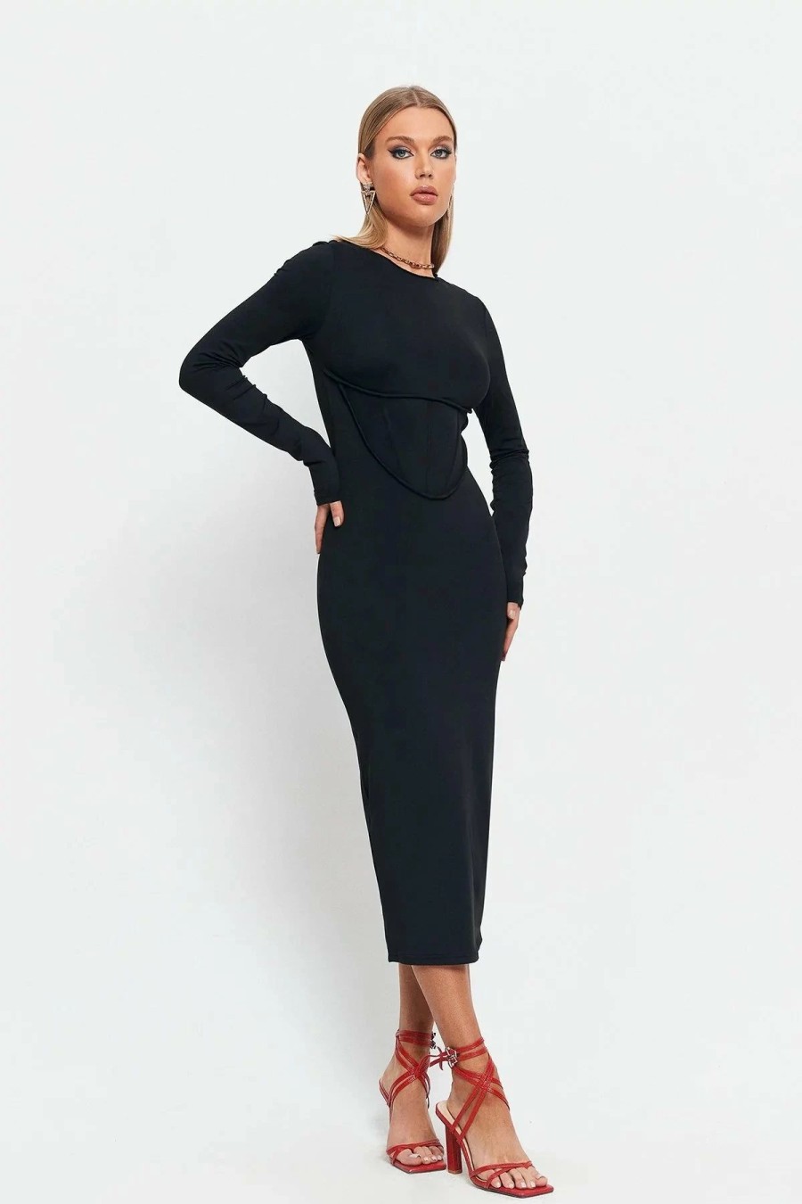 New * Solado Seam Detail Solid Long Sleeve Bodycon Midi Dress Black