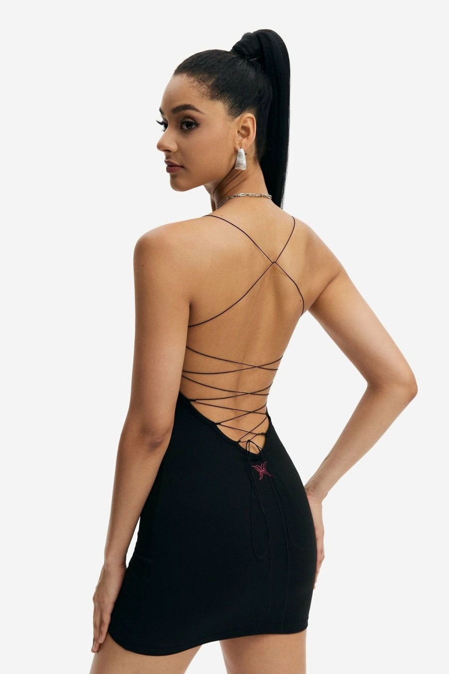 Online * Solado Solid Lace Up Backless Cami Mini Dress Black