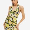 Wholesale * Solado Daisy Print Plunging Neck Backless Mini Dress Yellow