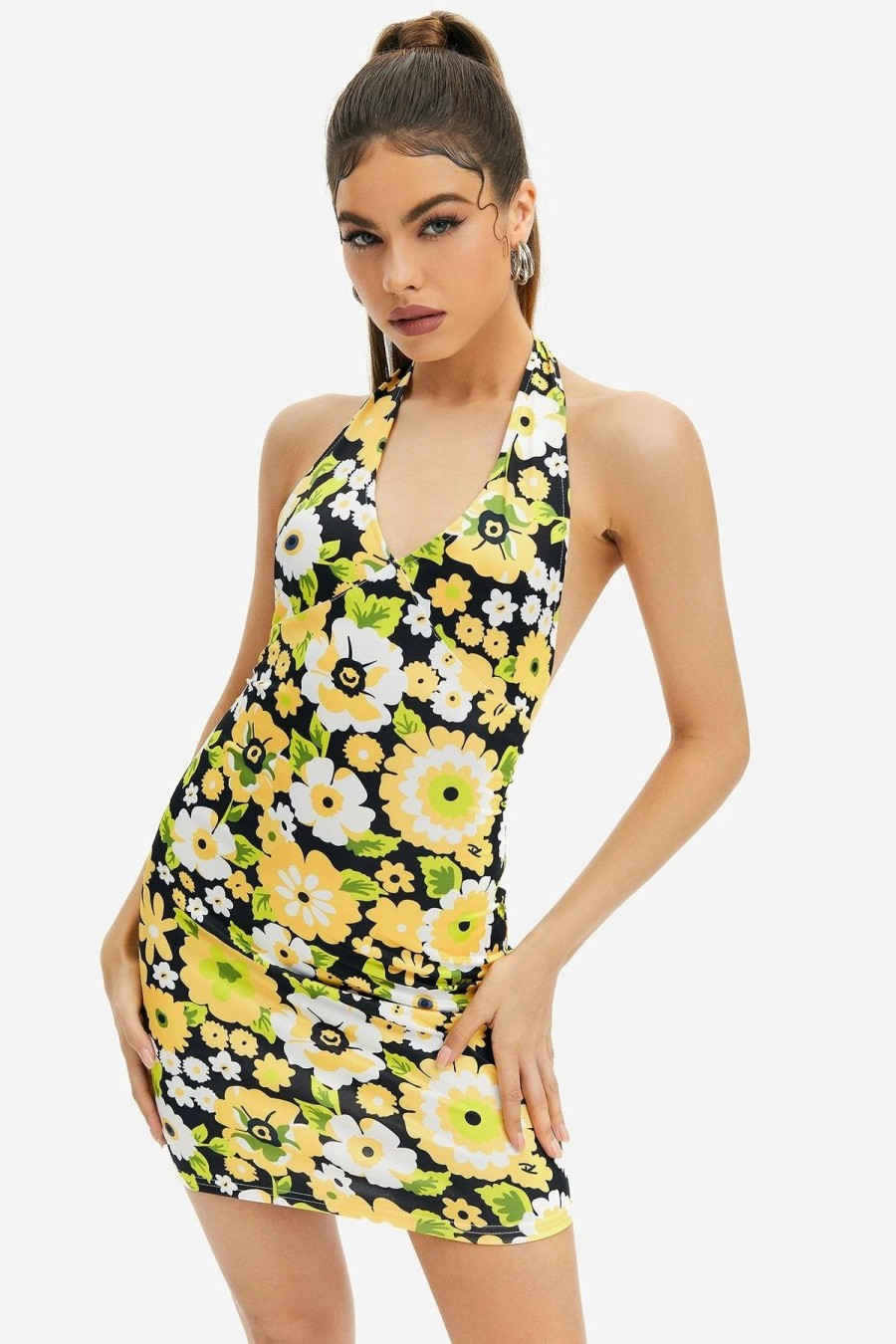 Wholesale * Solado Daisy Print Plunging Neck Backless Mini Dress Yellow