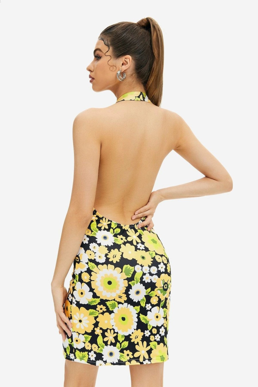 Wholesale * Solado Daisy Print Plunging Neck Backless Mini Dress Yellow