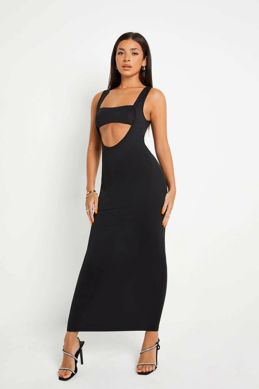 New * Solado Solid Cut Out Bodycon Sleeveless Maxi Dress Black