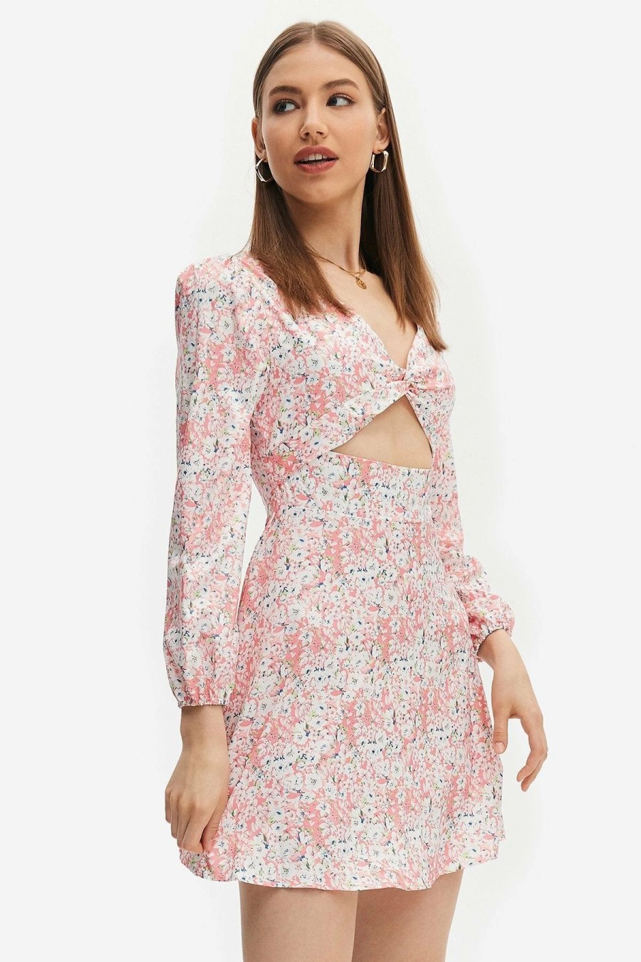 Best * Solado Floral Print Cut Out Long Sleeve Mini Dress Pink