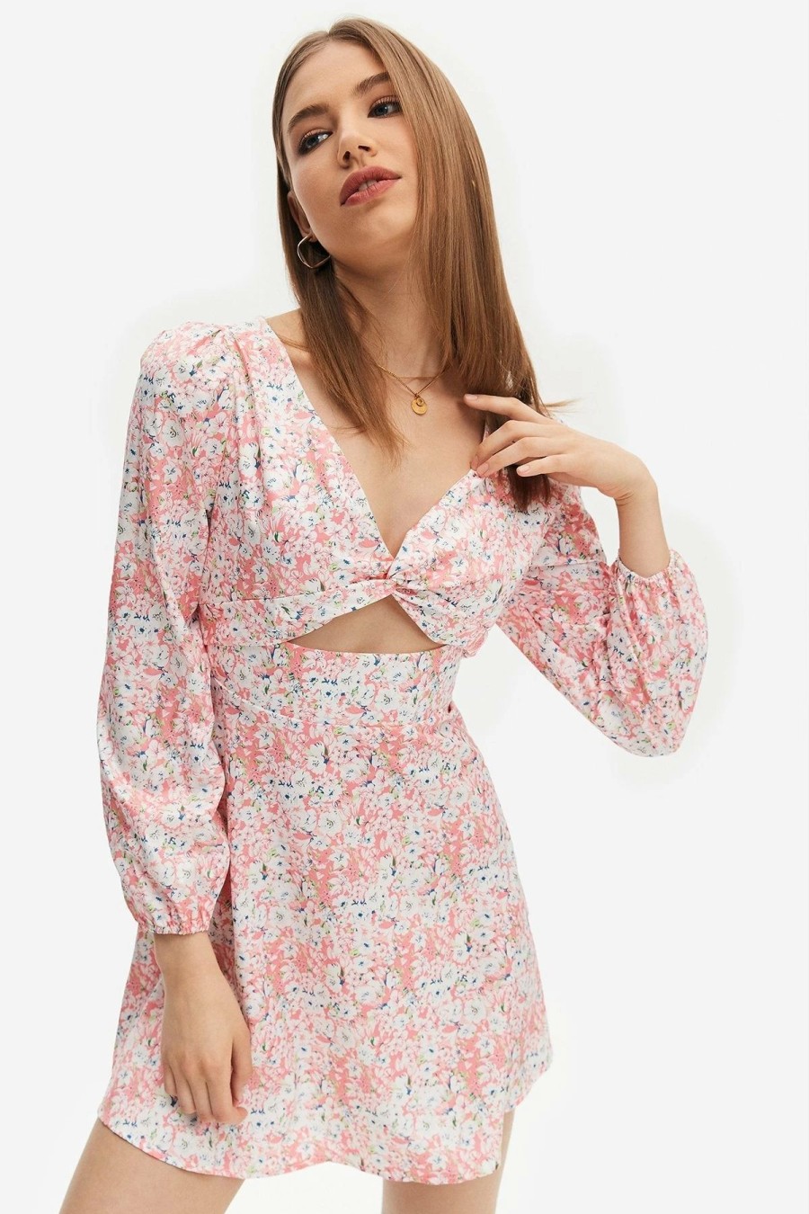 Best * Solado Floral Print Cut Out Long Sleeve Mini Dress Pink