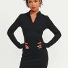 New * Solado Half Zipper Thumb Hole Ribbed Long Sleeve Mini Dress Black