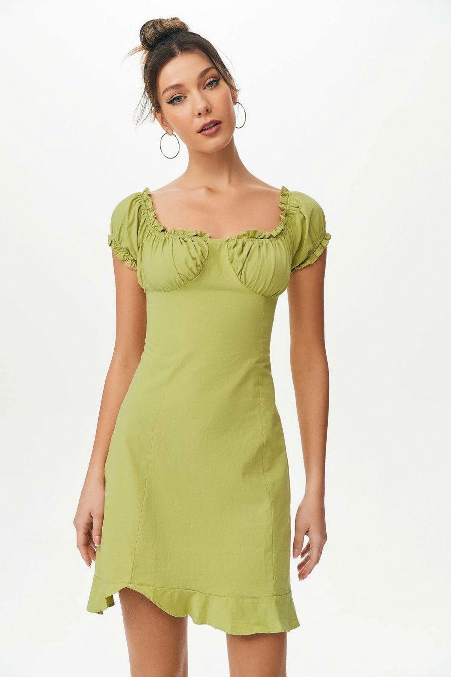 Hot * Solado Frill Trim Puff Sleeve Mini Dress Greenyellow