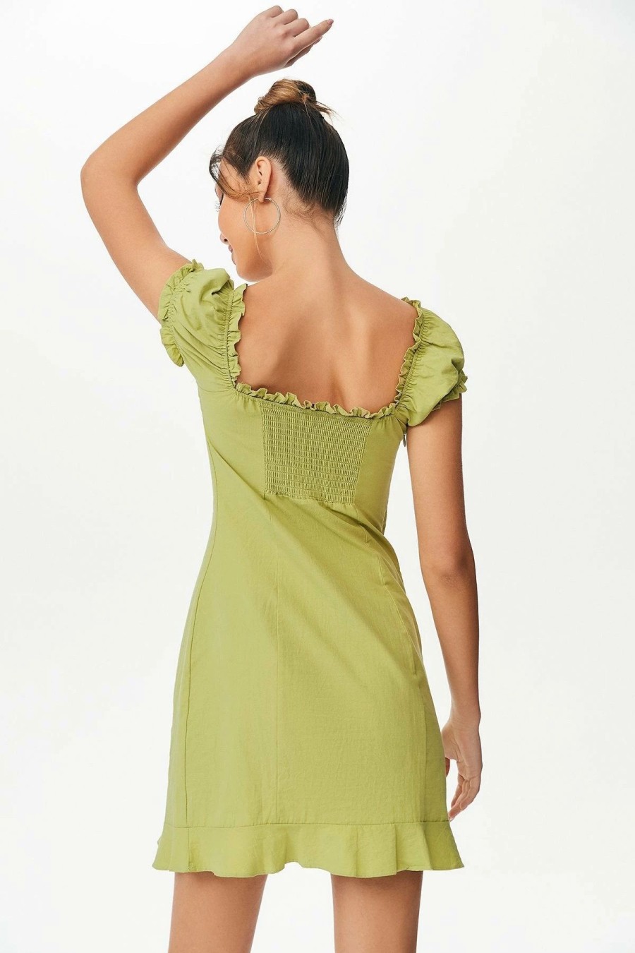 Hot * Solado Frill Trim Puff Sleeve Mini Dress Greenyellow