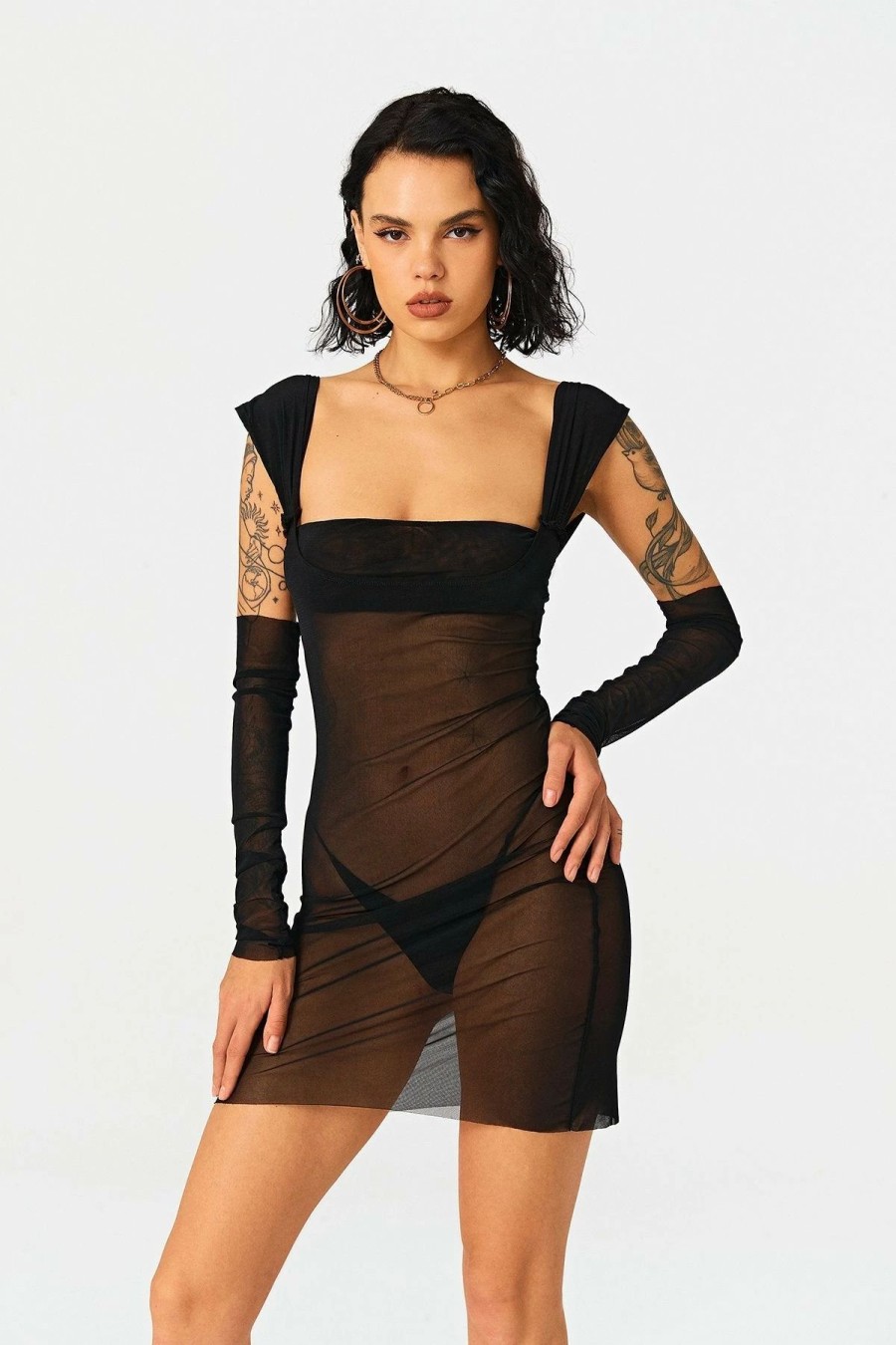 Online * Solado Square Neck Mesh Mini Dress Without Panty Black