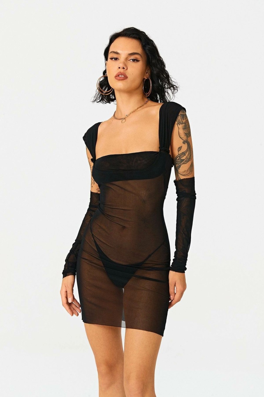 Online * Solado Square Neck Mesh Mini Dress Without Panty Black