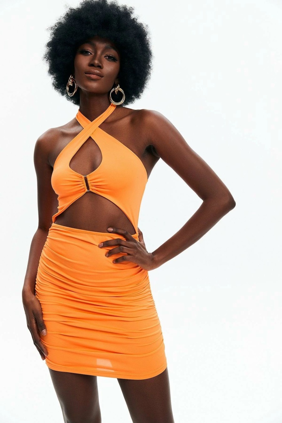 Clearance * Solado Cut Out Cross Halter Neck Mini Dress Orange