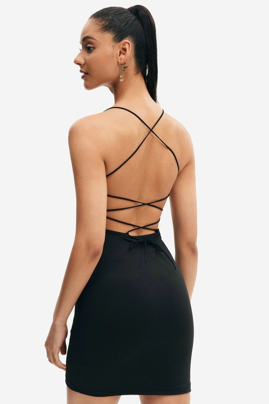 Wholesale * Solado Plunging Neck Cross Open Back Solid Bodycon Mini Dress Black