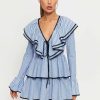 Best * Solado Striped Print Colorblock Trim Ruffle Layered Mini Dress Lightblue