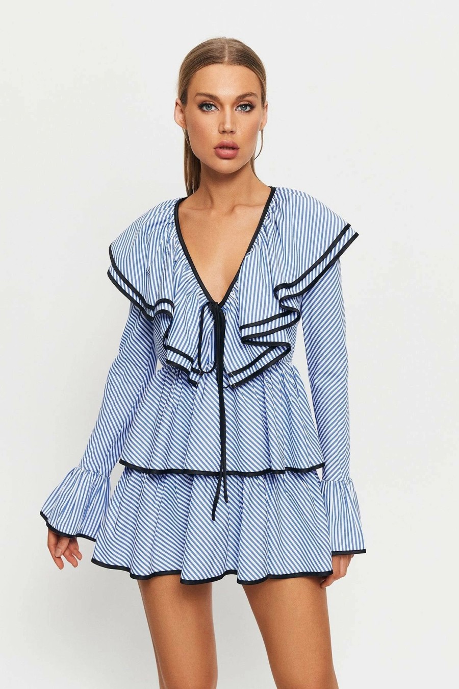 Best * Solado Striped Print Colorblock Trim Ruffle Layered Mini Dress Lightblue