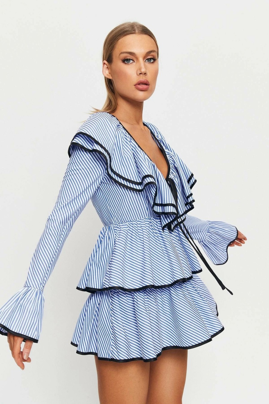 Best * Solado Striped Print Colorblock Trim Ruffle Layered Mini Dress Lightblue