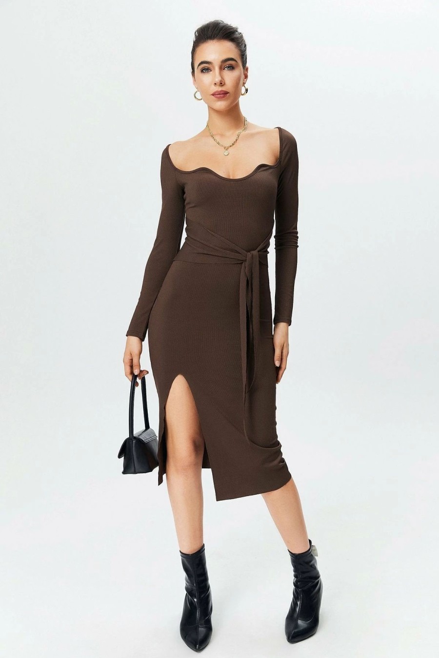 Clearance * Solado Notched Neck Split Thigh Midi Dress Saddlebrown