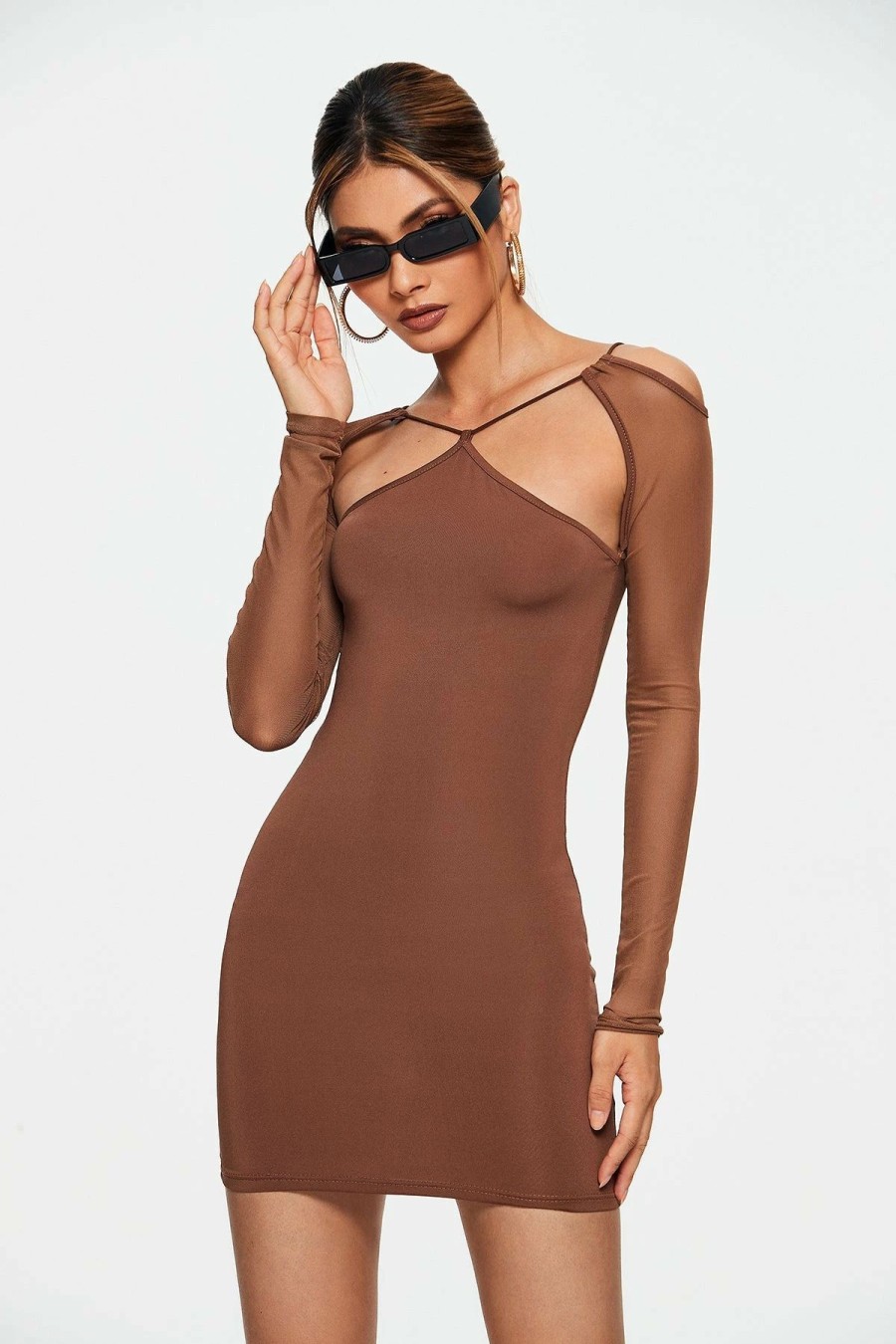 New * Solado Cut Out Tie Back Long Sleeve Mini Dress Saddlebrown