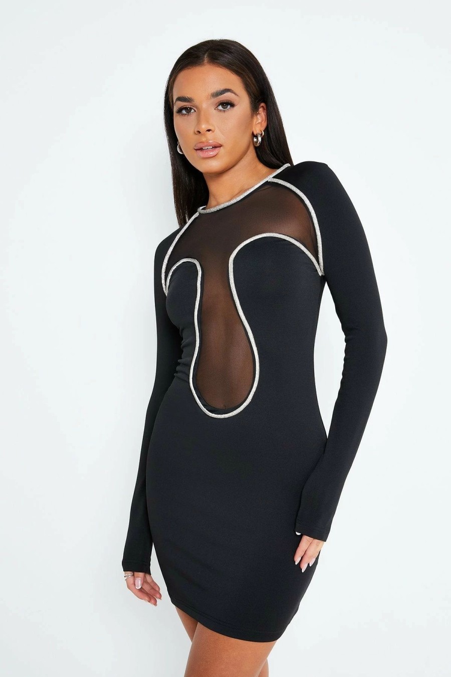 Hot * Solado Colorblock Trim Mesh Splicing Long Sleeve Mini Dress Black