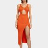 Clearance * Solado Split Thigh Cut Out Ribbed Midi Dress Orange