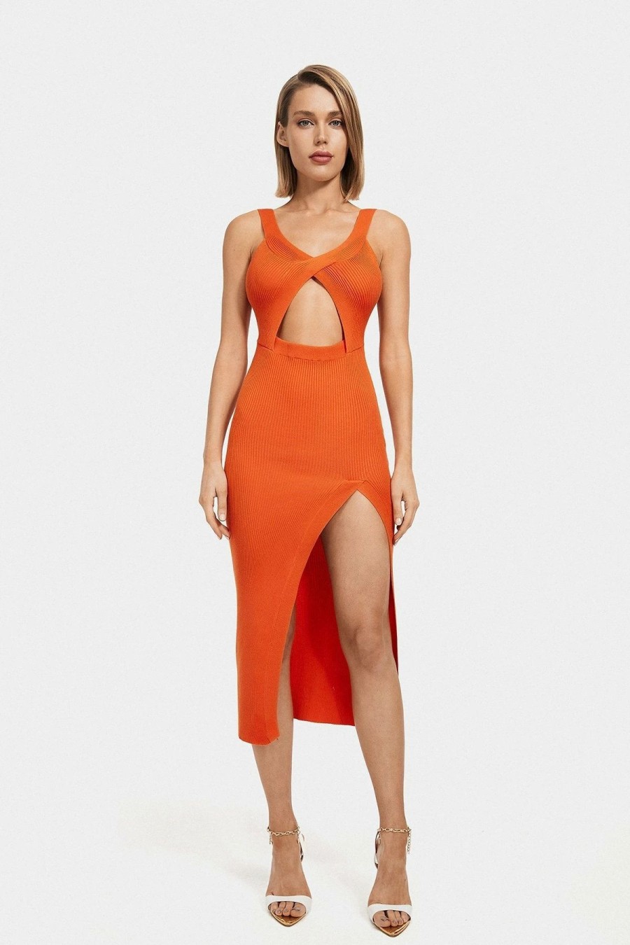 Clearance * Solado Split Thigh Cut Out Ribbed Midi Dress Orange