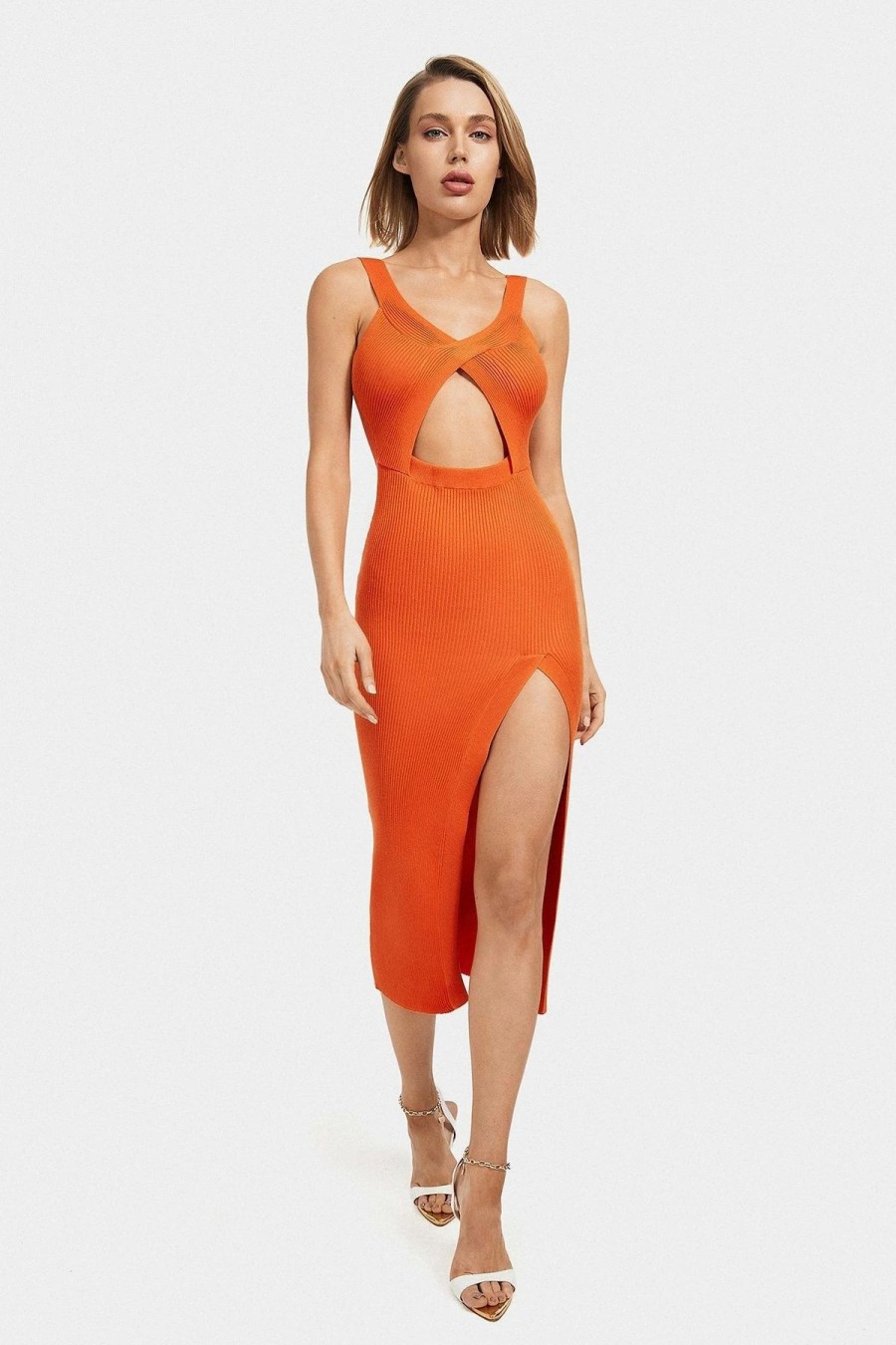 Clearance * Solado Split Thigh Cut Out Ribbed Midi Dress Orange