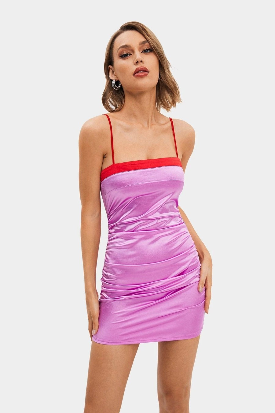 Hot * Solado Satin Contrast Color Ruched Bodycon Mini Dress Orchid