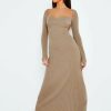 Online * Solado Sweetheart Cut Out Ribbed Long Sleeve Maxi Dress Tan