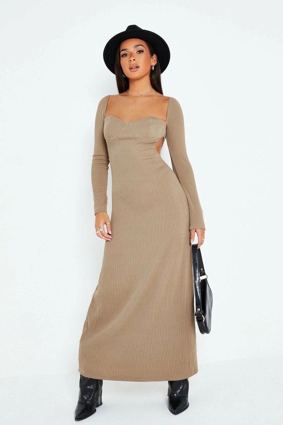 Online * Solado Sweetheart Cut Out Ribbed Long Sleeve Maxi Dress Tan