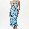 Hot * Solado Abstract Print Drawstring Ruched Backless Maxi Dress Blue