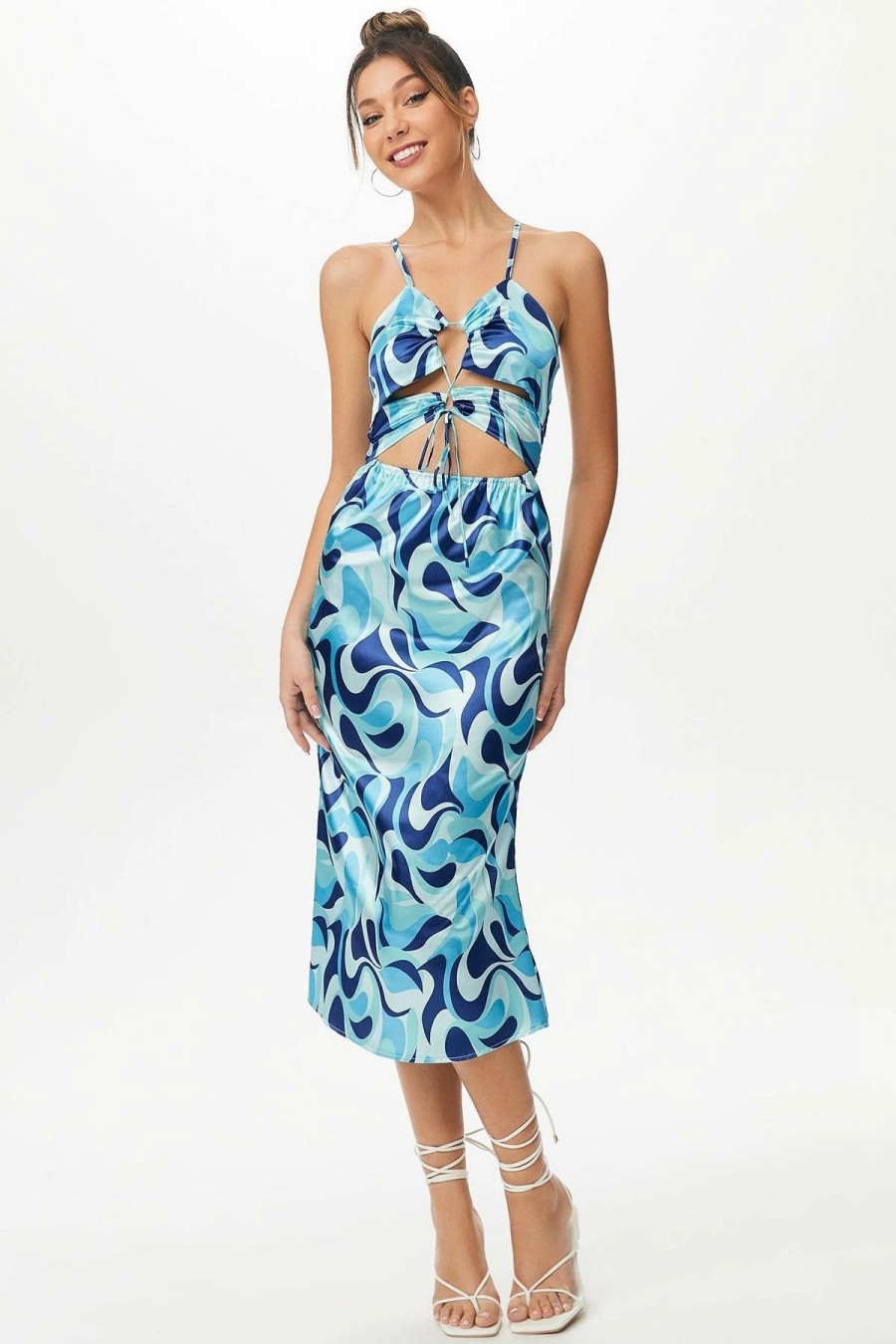 Hot * Solado Abstract Print Drawstring Ruched Backless Maxi Dress Blue