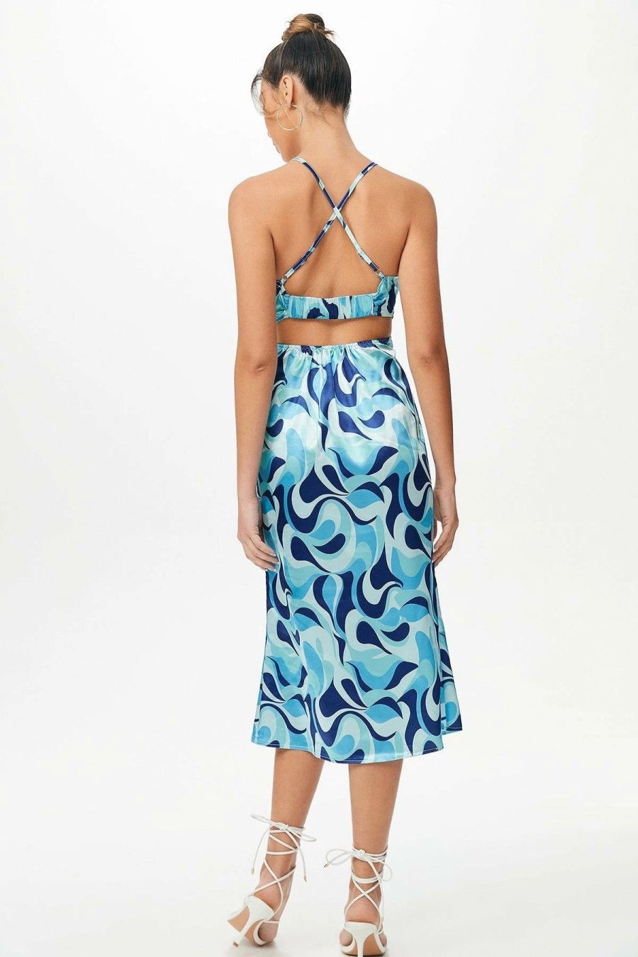 Hot * Solado Abstract Print Drawstring Ruched Backless Maxi Dress Blue