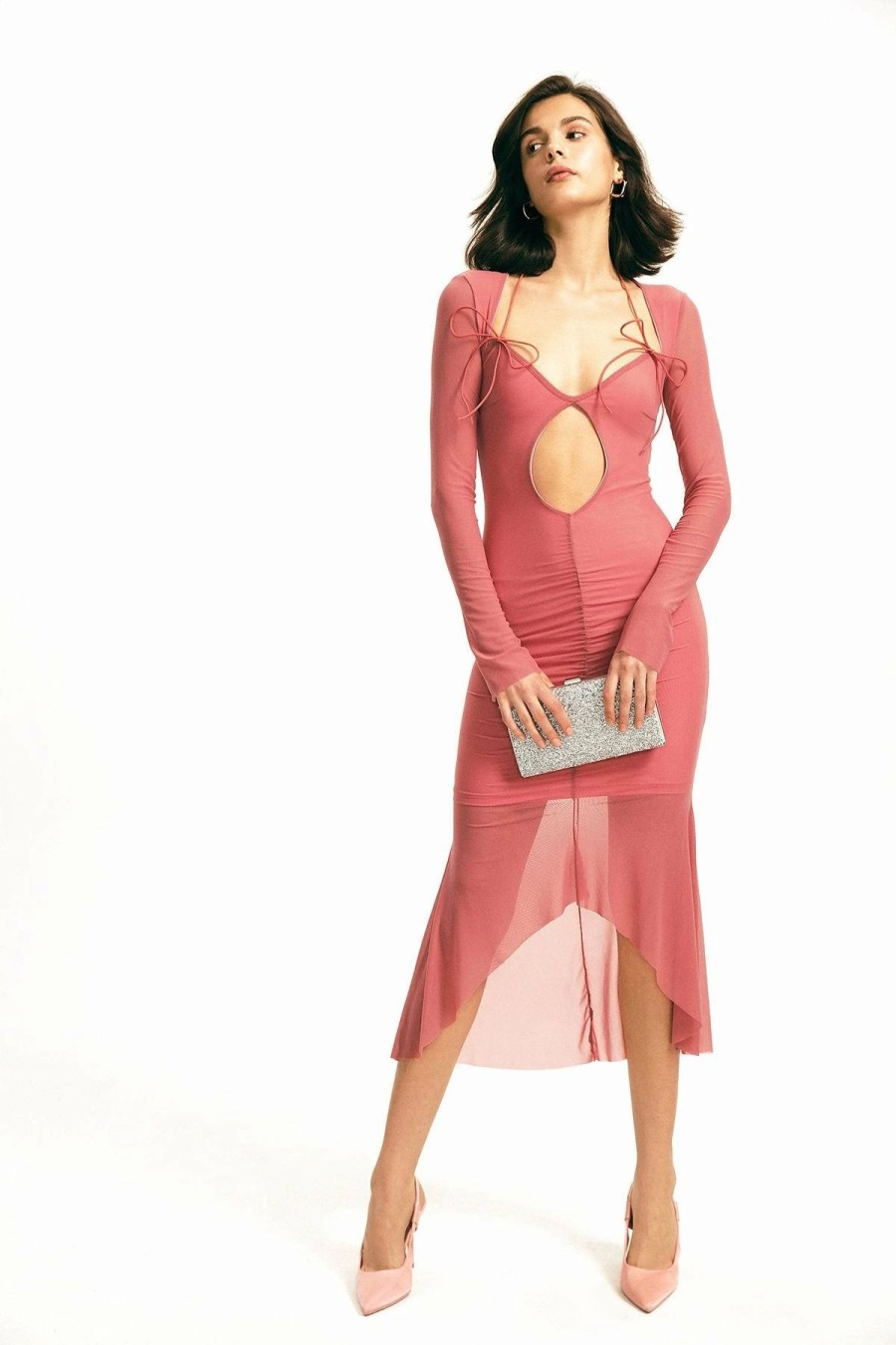 Wholesale * Solado Cut Out Flared Sleeve Mesh Hem Ruched Midi Dress Lightcoral