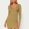 Hot * Solado Asymmetrical Neck Stripe Knitted Long Sleeve Mini Dress Darkkhaki