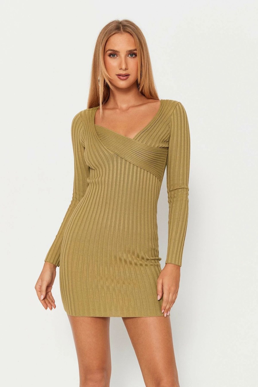 Hot * Solado Asymmetrical Neck Stripe Knitted Long Sleeve Mini Dress Darkkhaki