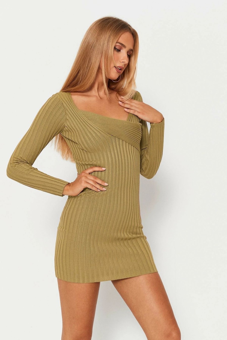 Hot * Solado Asymmetrical Neck Stripe Knitted Long Sleeve Mini Dress Darkkhaki