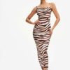 Hot * Solado Striped Print Backless Cmai Maxi Dress Brown