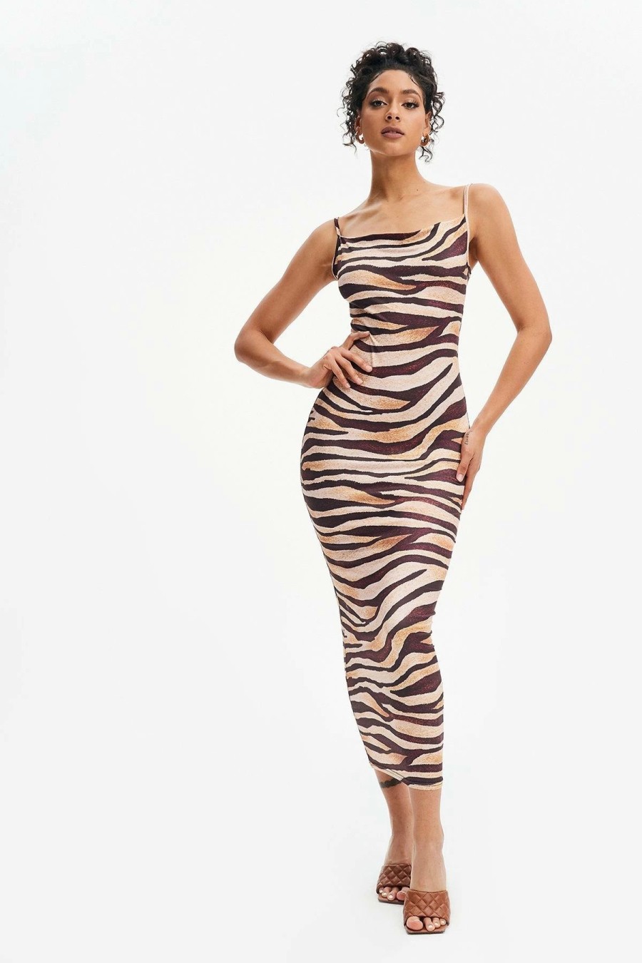 Hot * Solado Striped Print Backless Cmai Maxi Dress Brown