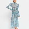 Best * Solado Mock Neck Abstract Print Split Hem Mesh Maxi Dress Lightblue