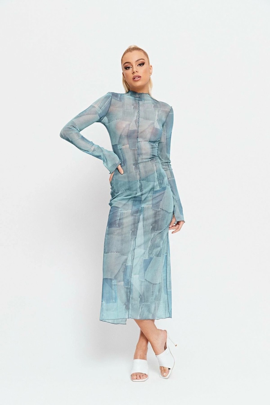 Best * Solado Mock Neck Abstract Print Split Hem Mesh Maxi Dress Lightblue