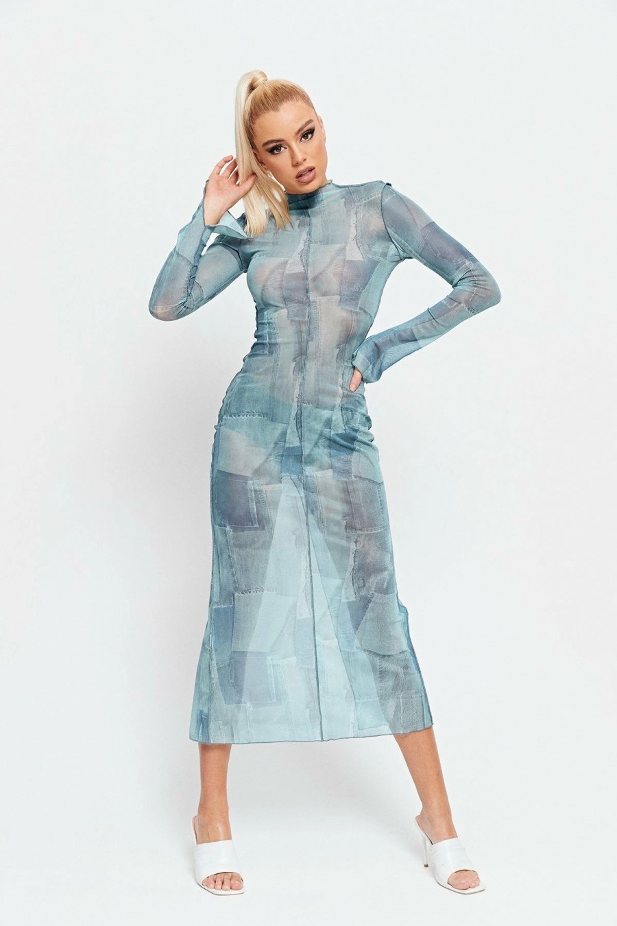 Best * Solado Mock Neck Abstract Print Split Hem Mesh Maxi Dress Lightblue