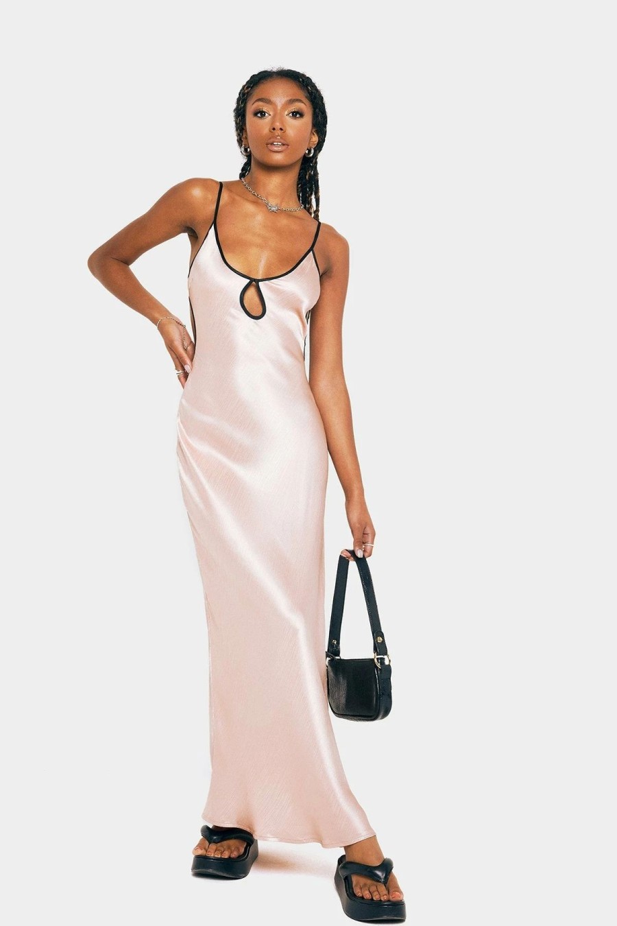 Hot * Solado Satin Colorblock Trim Keyhole Backless Maxi Dress Antiquewhite