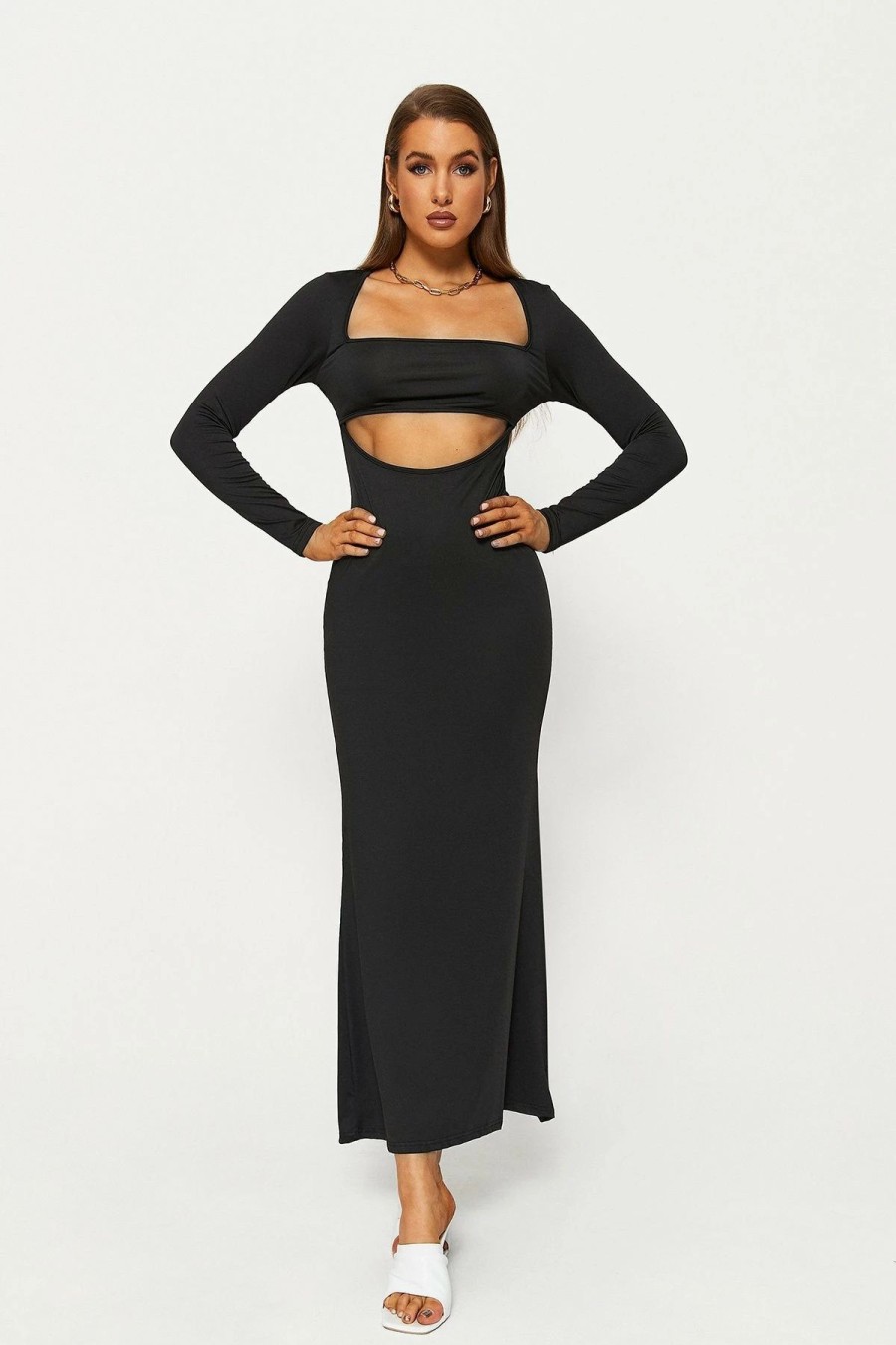 Hot * Solado Square Neck Cut Out Open Back Long Sleeve Maxi Dress Black