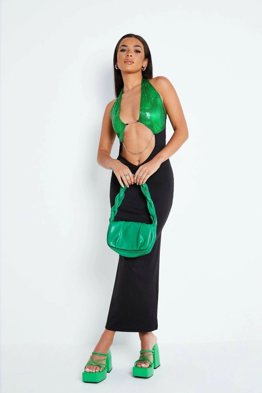 Hot * Solado Cut Out Sequin Splicing Chain Decor Midi Dress Green