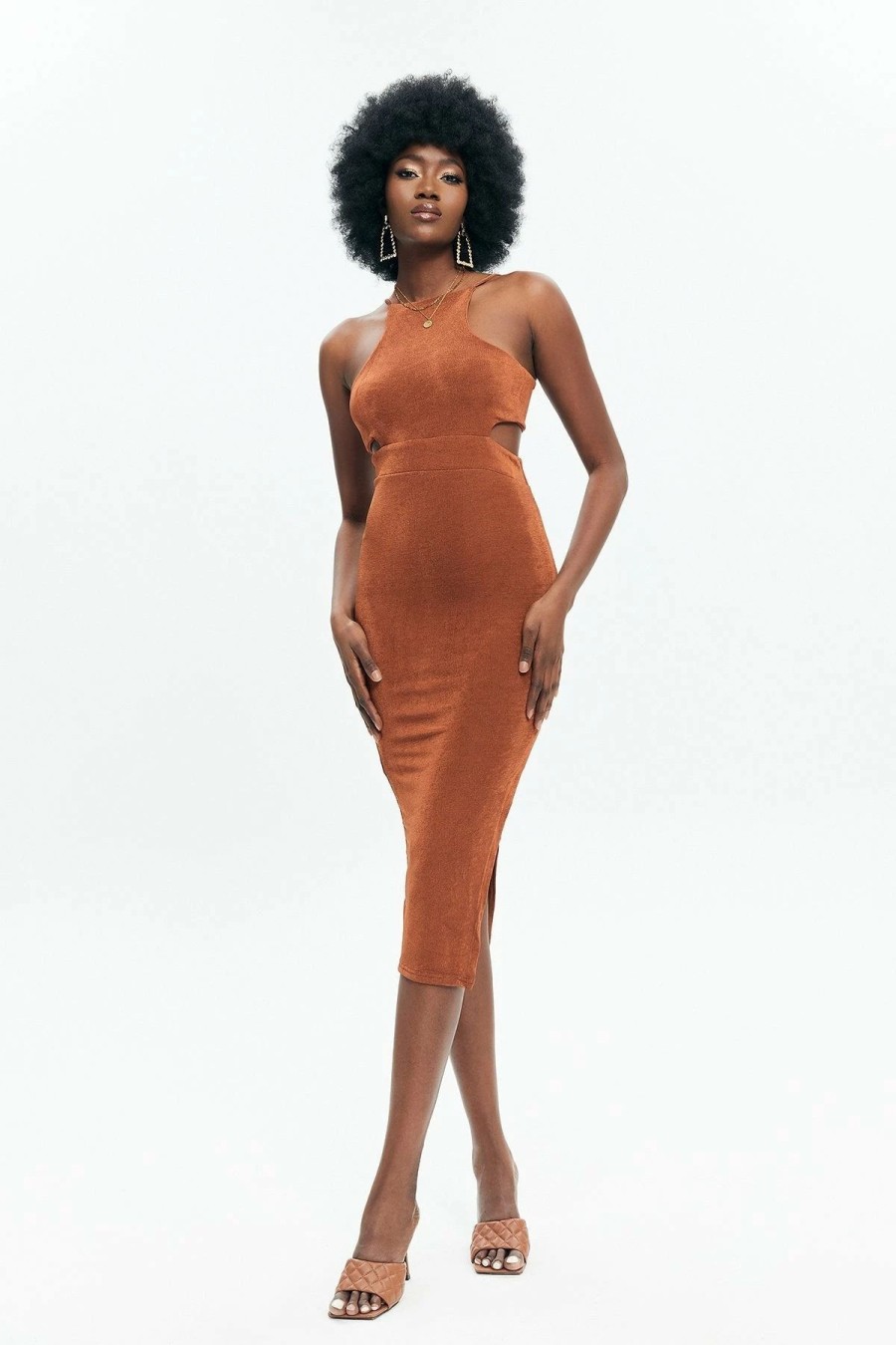 Wholesale * Solado Tie Back Cut Out Slit Hem Midi Dress Chocolate