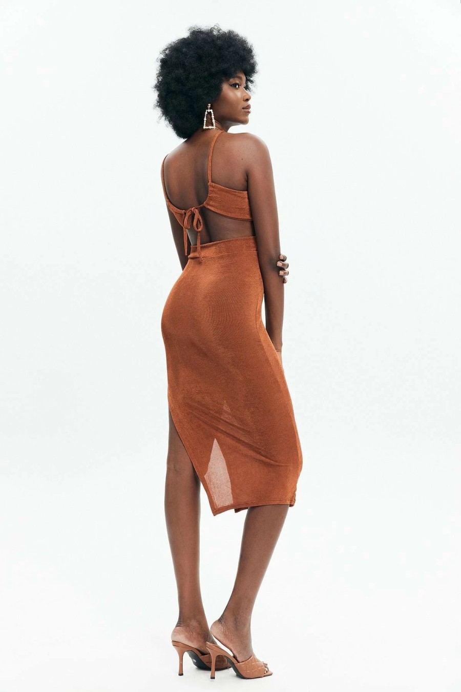 Wholesale * Solado Tie Back Cut Out Slit Hem Midi Dress Chocolate